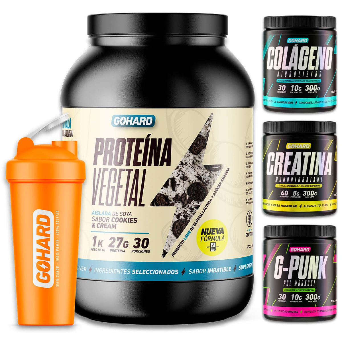PACK TITÁN AMAZÓNICO: PROTEÍNA + CREATINA + PRE ENTRENAMIENTO G-PUNK® + COLÁGENO + SHAKER (Elige tu proteína)